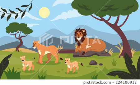 Lion in landscape Africa. Family resting feline. Savannah African lioness, cub, baby. Wildlife panorama. Predator mammal. Vector illustration background tidy cartoon flat style isolated illustration 124190912