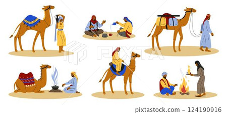 Saudi man sitting camel. Summer travel. Bedouin caravan camping. Nature desert. Sahara sand. African sun. Animal or Arabic character. Tourism adventure. Muslim people set. Vector exotic Arab tidy rest 124190916