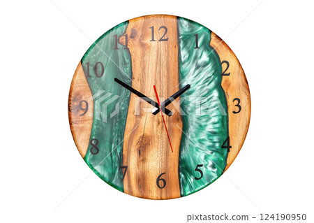 Unique wooden clock design featuring rich textures and vibrant colors for modern decor. Isolated on white background. 124190950