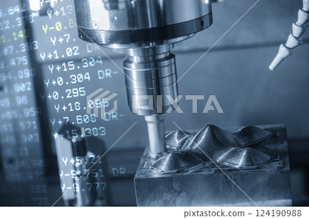 Abstract scene the CNC milling machine rough cutting the injection mold parts and NC data background. 124190988