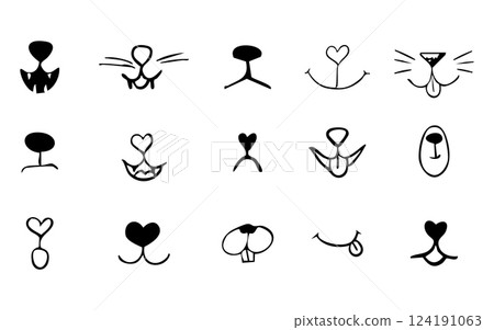 Pet mouth comic cute line doodle drawing. Set lips, noses and whiskers animal characters. Funny heart nose, hand drawn faces. Pet mouth comic cute line doodle drawing. Set lips, noses and whiskers animal characters. Funny heart nose, hand drawn faces. 124191063