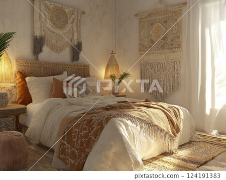 Boho-inspired bedroom with textiles adorned with rope knot motifs, featuring natural materials and a soothing, nostalgic vibe 124191383