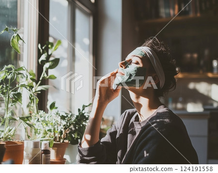Non-binary individual applying a face mask in a serene home setting, surrounded by natural light and sustainable skincare products 124191558