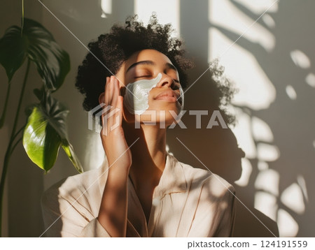 Non-binary individual applying a face mask in a serene home setting, surrounded by natural light and sustainable skincare products 124191559