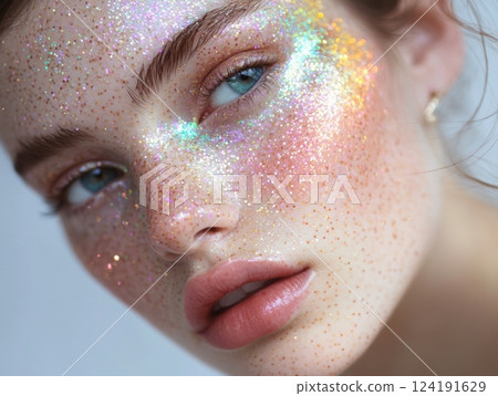 Playful and unique look featuring glitter freckles in bright pastel colors, perfect for festival vibes 124191629