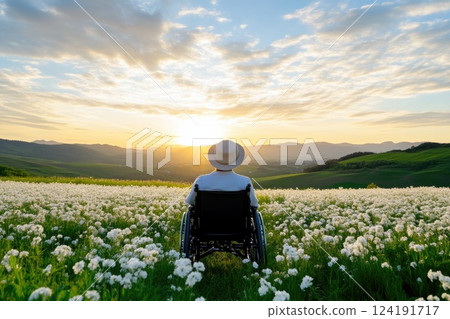Elderly Woman Relaxing in Wheelchair Amid White Flowers 124191717