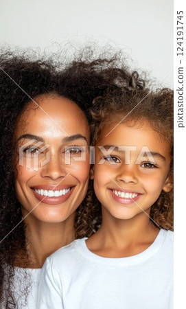 Mother and daughter sharing a tender smile in matching outfits Mother and daughter sharing a tender smile in matching outfits 124191745