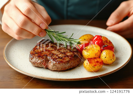 Close-up of a Chef Perfecting a Steak with Fresh Herbs Close-up of a Chef Perfecting a Steak with Fresh Herbs 124191776