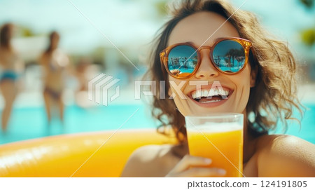 Happy Woman Enjoying Summer Vacation by Pool 124191805
