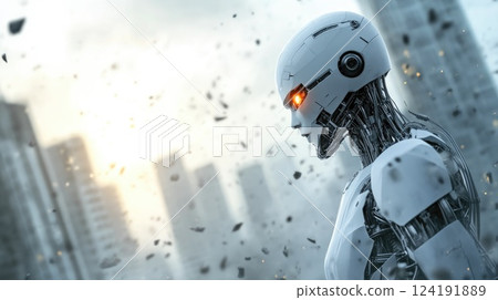 Glowing-Eyed Robot Surrounded by Explosions and Debris Glowing-Eyed Robot Surrounded by Explosions and Debris 124191889