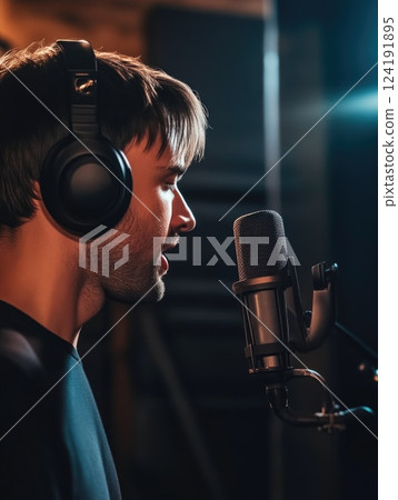 Close-up of male singer performing in recording studio Close-up of male singer performing in recording studio 124191895