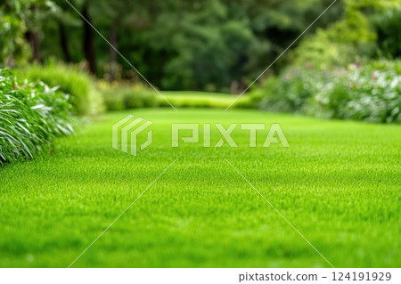Tranquil Garden with Well-Cared Lawn and Diverse Plants 124191929