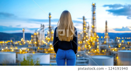 Woman at dusk with industrial plant backdrop 124191940