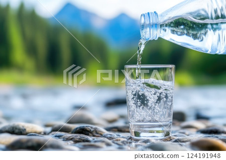 Fresh Water Poured into Glass in Scenic Nature Fresh Water Poured into Glass in Scenic Nature 124191948