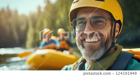 Thrilling water rafting adventure with happy participants Thrilling water rafting adventure with happy participants 124191949
