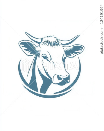 This minimalist cow logo showcases a stylized design perfect for dairy farm branding, featuring soft blue and white hues for a fresh look. 124191964