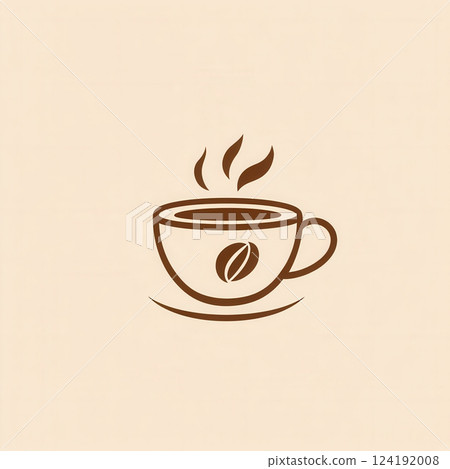Minimalist coffee cup logo showcases steam lines and scattered coffee beans, blending warm brown and beige for an elegant design. 124192008