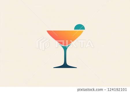 This logo represents a minimalist cocktail glass featuring a refreshing drink in vibrant orange and teal colors, perfect for modern branding. 124192101