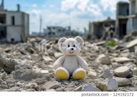 Kid's Lost Toy Amidst the Ruins of a Bombed City 124192172
