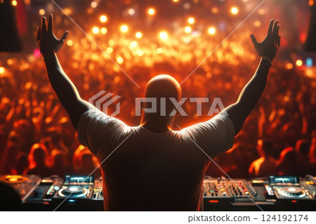 DJ Performing with Raised Hands in Front of Enthusiastic Crowd 124192174