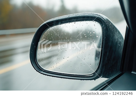 Highway Journey Captured in Rearview Mirror Highway Journey Captured in Rearview Mirror 124192246