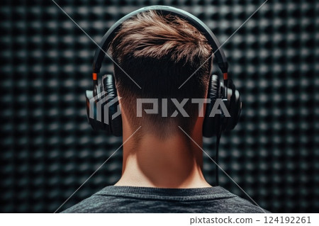 A man wearing headphones in a recording studio is recording a song A man wearing headphones in a recording studio is recording a song 124192261