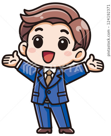 向量插圖:一個穿著西裝、睜著眼睛、張開雙臂的開朗男人/帶有陰影高光 向量插圖:一個穿著西裝、睜著眼睛、張開雙臂的開朗男人/帶有陰影高光 124192371