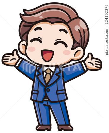 向量插圖：一位穿著西裝的快樂男士微笑著張開雙臂/帶有陰影高光 124192375