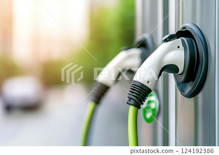 Close-up view of electric car charging station with eco symbol 124192386