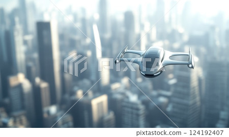 High-tech flying car gliding through the city skyline High-tech flying car gliding through the city skyline 124192407