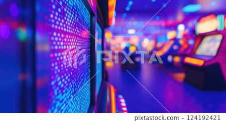 Vibrant Arcade Game with Geometric Patterns and Neon Lights Vibrant Arcade Game with Geometric Patterns and Neon Lights 124192421