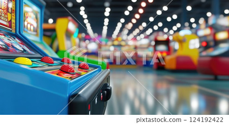 Close-up of Colorful Arcade Game Console with Background Action 124192422