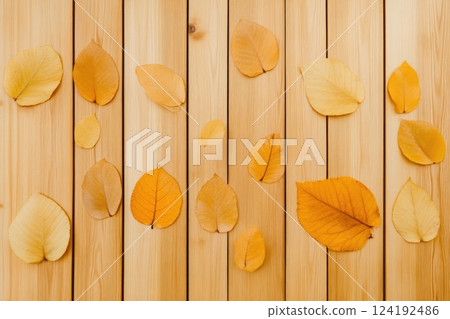 Autumn Leaves on Wooden Planks Background 124192486
