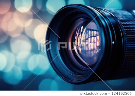 Close-up of Camera Lens with Bokeh Reflections 124192505