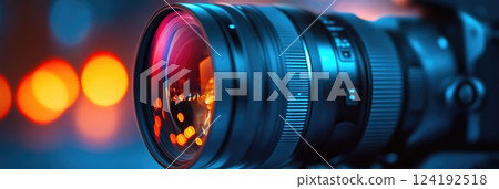 Camera Lens Focused with Beautiful Bokeh Glow 124192518