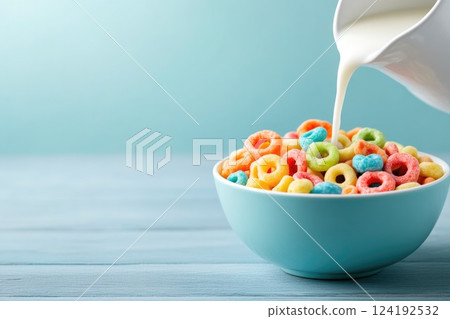Delicious circle loop cereals with milk in bowl 124192532