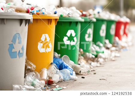 Recycling Waste Bins in Urban Setting with Eco Symbol 124192538
