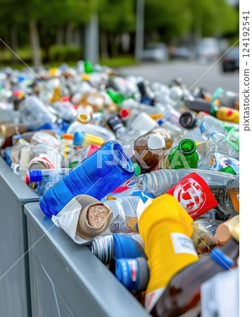 Close-Up of Trash and Recycling Containers Close-Up of Trash and Recycling Containers 124192541
