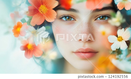 Vibrant Floral Double Exposure with Elegant Woman 124192556