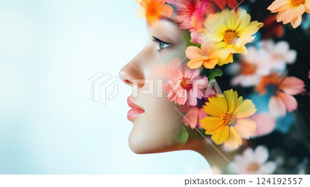 Surreal Beauty of Woman Amidst Colorful Flower Motion 124192557