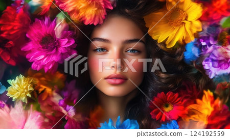Ethereal Woman Surrounded by Blurred Flower Colors 124192559