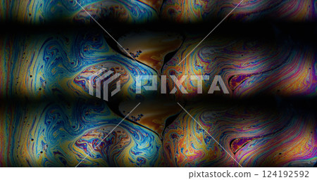 Rainbow fluid. Soap bubble. Gradient lens neon pigment ink blend on art petrol background. Abstract repeat prism blur light color mix. 124192592