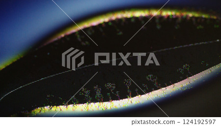 Abstract background. Glitch wave. Blur yellow color noise artifacts with holographic neon light spreading on dark black screen in retro art. Abstract background. Glitch wave. Blur yellow color noise artifacts with holographic neon light spreading on dark black screen in retro art. 124192597