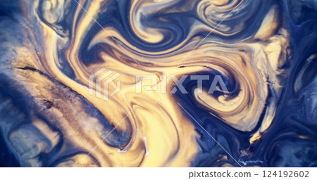 Ink stains. Blend flow. Blur blue yellow golden color chemical water marble particles enamel texture on abstract background. Ink stains. Blend flow. Blur blue yellow golden color chemical water marble particles enamel texture on abstract background. 124192602