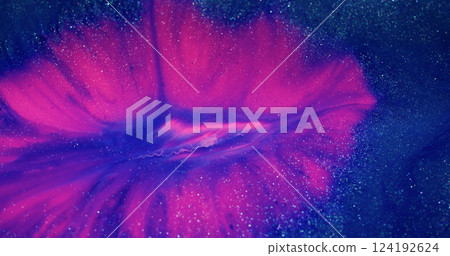 Glitter spill. Neon paint. Purple color spot disappearing on violet shine dust blur wet surface. Bright pigment mix abstract background. Glitter spill. Neon paint. Purple color spot disappearing on violet shine dust blur wet surface. Bright pigment mix abstract background. 124192624