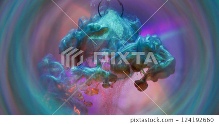 Glitter spreading. Mist ink. Sparkling art smoke swirl cover glass diamond. Polish multicolor blend neon liquid defocused round lens background. Glitter spreading. Mist ink. Sparkling art smoke swirl cover glass diamond. Polish multicolor blend neon liquid defocused round lens background. 124192660