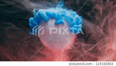 Round ball. Paint wave. Defocused blue white color smoke texture geometric shape water dripping on abstract dark black background. 124192683