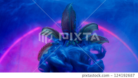 Smoke swirl. Paint water splash. Shimmering blue cloud on nature petal. Art fluid neon color abstract round purple arch defocused background. 124192687
