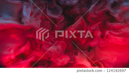 Vapor mix. Paint cloud. Color stream spray in water texture background. Red pink black dye bang spill on blur effect liquid surface. 124192697