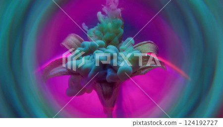 Ink vapor. Flower smoke. Art fluid spill on fresh lily natural petals. Haze multicolor dye blend on neon purple gleam circle background. Ink vapor. Flower smoke. Art fluid spill on fresh lily natural petals. Haze multicolor dye blend on neon purple gleam circle background. 124192727